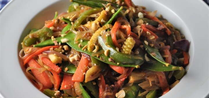Vegetable stir fry in a peanut butter ginger soy sauce
