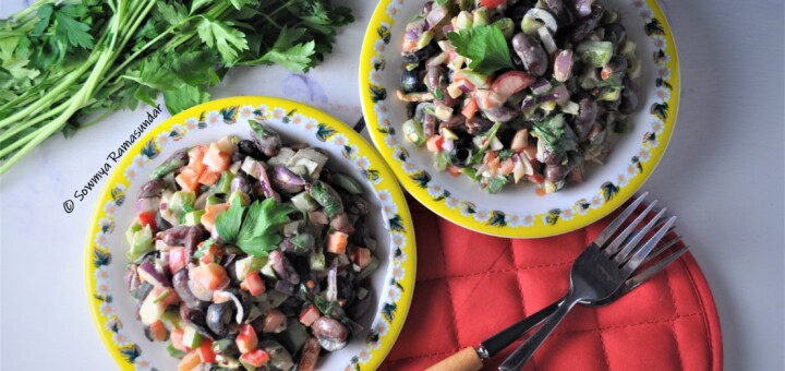 Red bean salad with a tahini date dressing